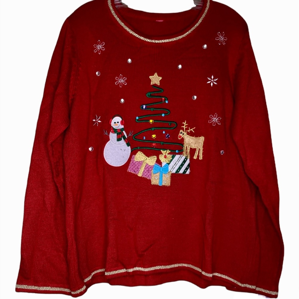 Tacky Christmas Sweater Acrylic Snowman Extra Large Red Gold Trim